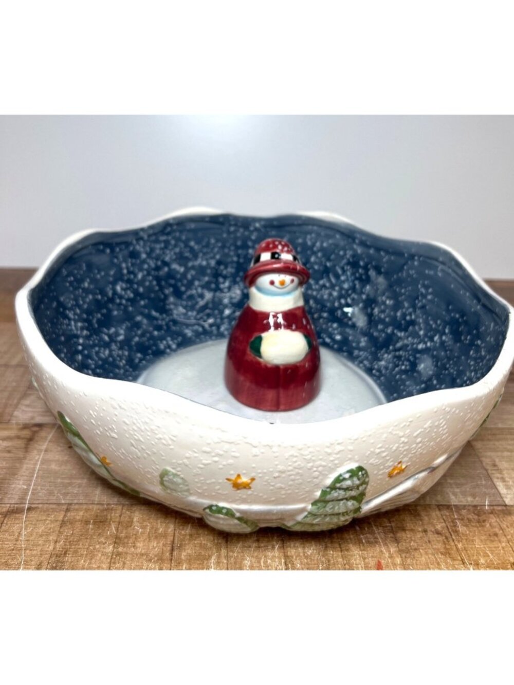 Sango Christmas Ceramic Snowman Decorative Bow Winter Scene & Textured Design